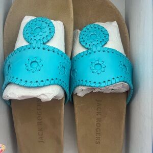 Jack Rogers Blue and Tan Sandals Vibrant Medallion Design